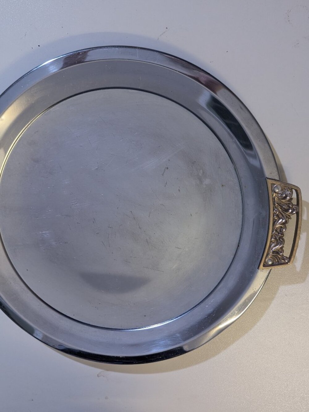 Vtg 13" Kromex Round Serving Platter Tray Chrome Gold Handles Mid Century MCM